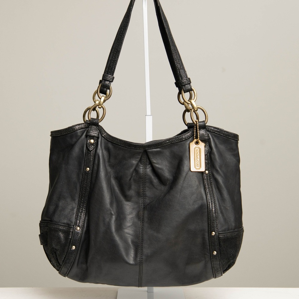 COACH Alexandra Python Black Leather Bag Gold Chain Moto Hobo Chic Luxury Purse